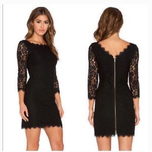DVF Zarita  classic black lace dress, 3/4 sleeves  with back zipper . Size 6